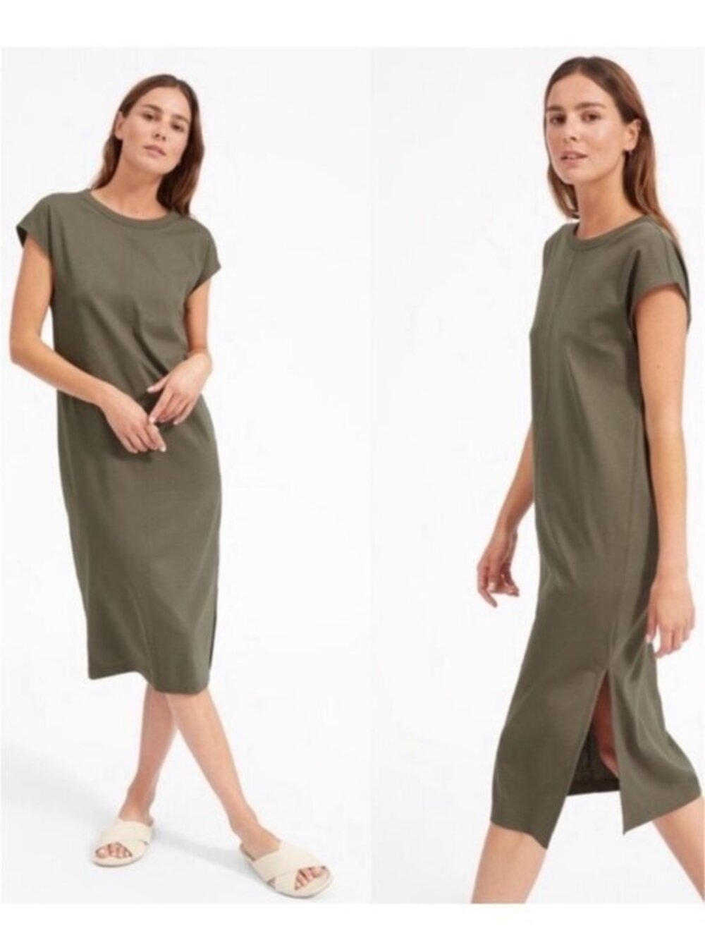 Everlane Olive Midi Muscle Tee Dress with Side Slit size S